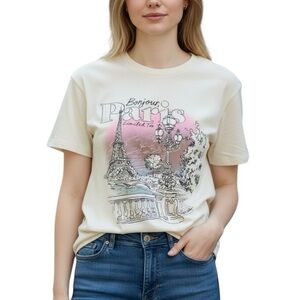 Limited Too Cream Paris Graphic Tee with Pink and Blue Accents